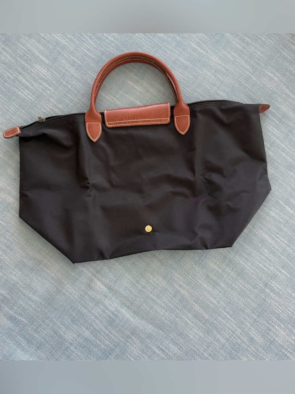 Longchamp Le Pliage Original Medium Tote Black Nylon Brown Leat - Picture 2 of 9